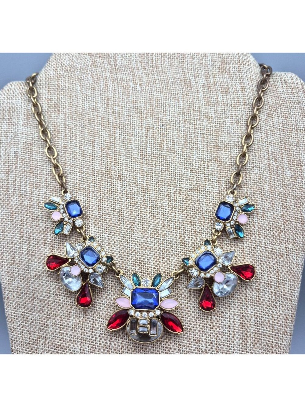 Loft Chunky 3-D Red & Blue Statement Necklace Faceted Stones Gold Tone 20.5"